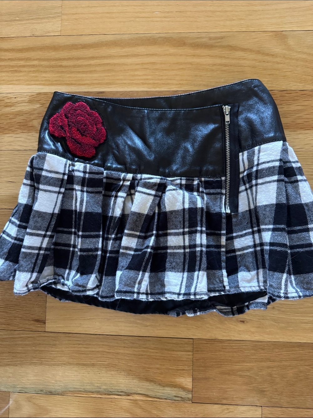 Kate Mack Black Faux Leather Skirt with Red Rose Accent